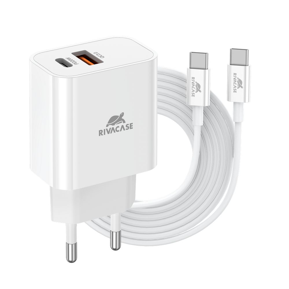PS4102 WD4 RU wall charger white PD20W + QC3.0, USB-A + USB-C, with USB-C/USB-C cable